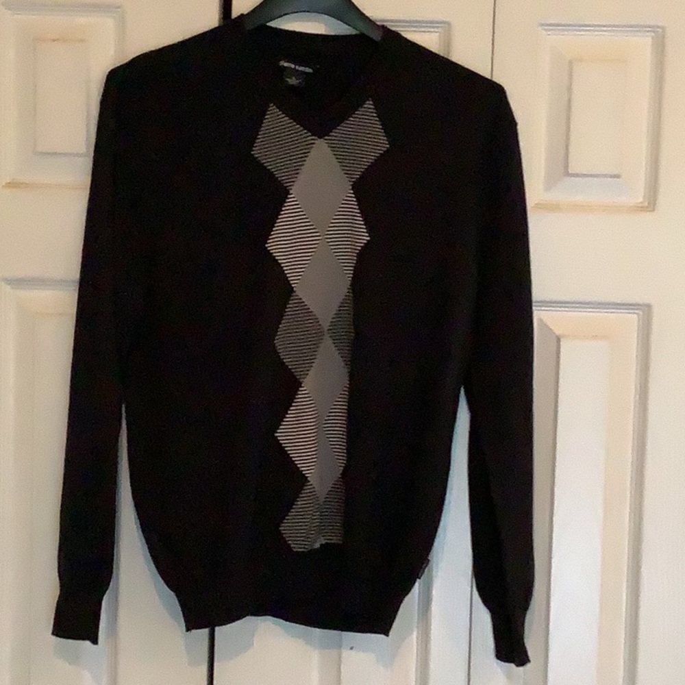 Men's Black Argyle V-Neck Sweater Large